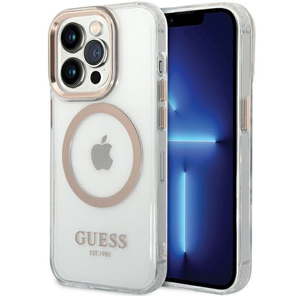 Guess iPhone 15 Pro Metal Outline MagSafe Σκληρή Θήκη με Πλαίσιο Σιλικόνης και MagSafe - Gold - GUHMP15LHTRMD