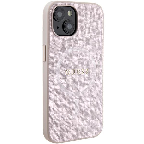 Guess iPhone 15 Plus Saffiano MagSafe Σκληρή Θήκη με Πλαίσιο Σιλικόνης και MagSafe - Pink - GUHMP15MPSAHMCP