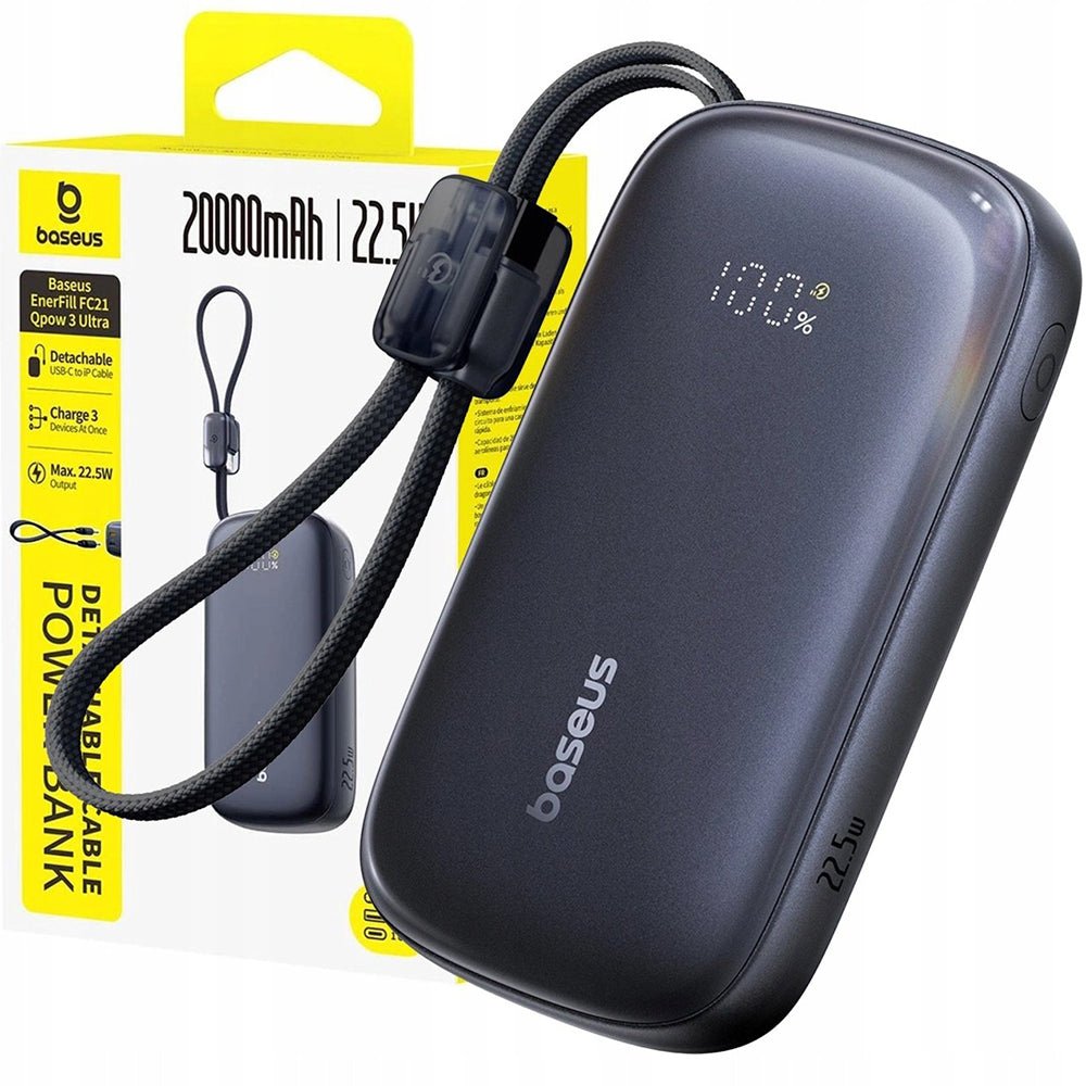 Baseus PowerBank 20.000mAh με Θύρες USB / Type-C / Lightning και Αποσπώμενο Καλώδιo 2 σε 1 Type-C / Lightning - EnerFill FC21 Qpow3 Ultra - Cosmic Black
