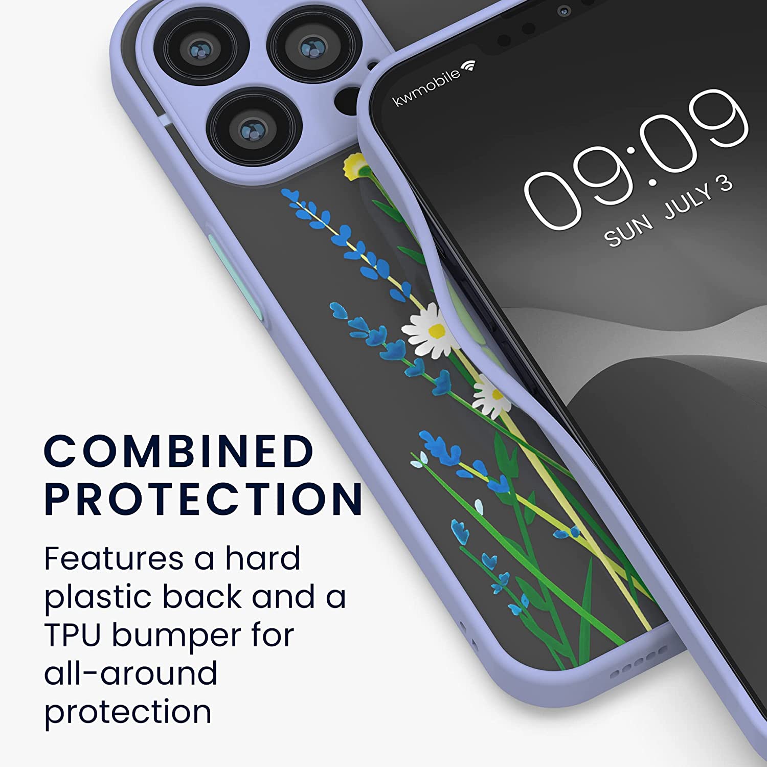 KW iPhone 13 Pro Σκληρή Θήκη με Πλαίσιο Σιλικόνης - Design Wild Flowers - Lavender / Green - Matte Ημιδιάφανη - 56498.01