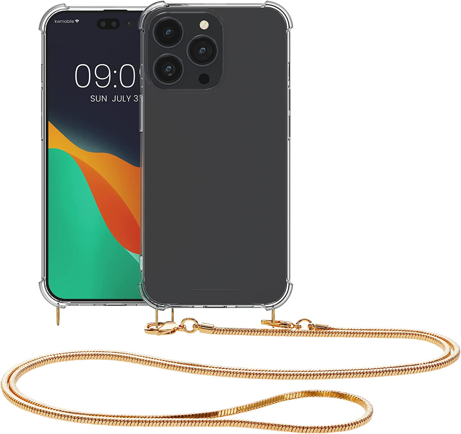 KW iPhone 14 Pro Max Θήκη Σιλικόνης TPU με Μεταλλικό Λουράκι - Διάφανη / Gold - 59105.21