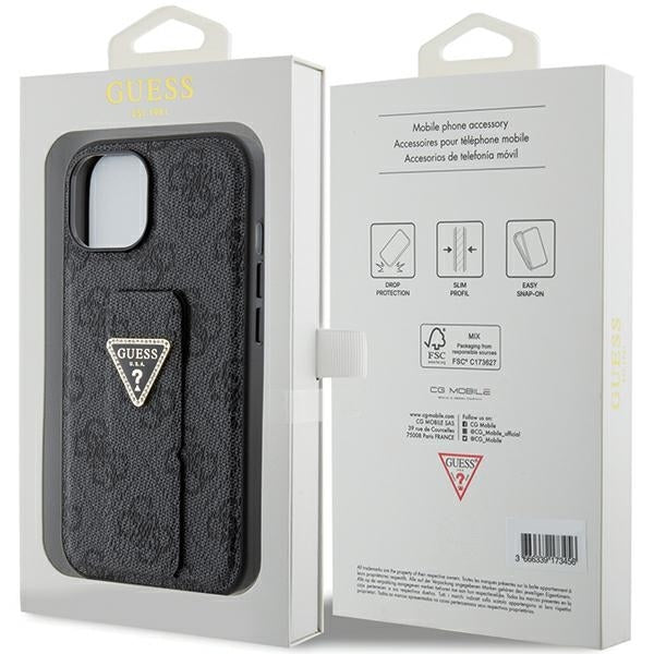 Guess iPhone 15 Grip Stand 4G Triangle Strass Logo Θήκη με Επένδυση Συνθετικού Δέρματος και Stand - Black - GUHCP15SPGS4TDK