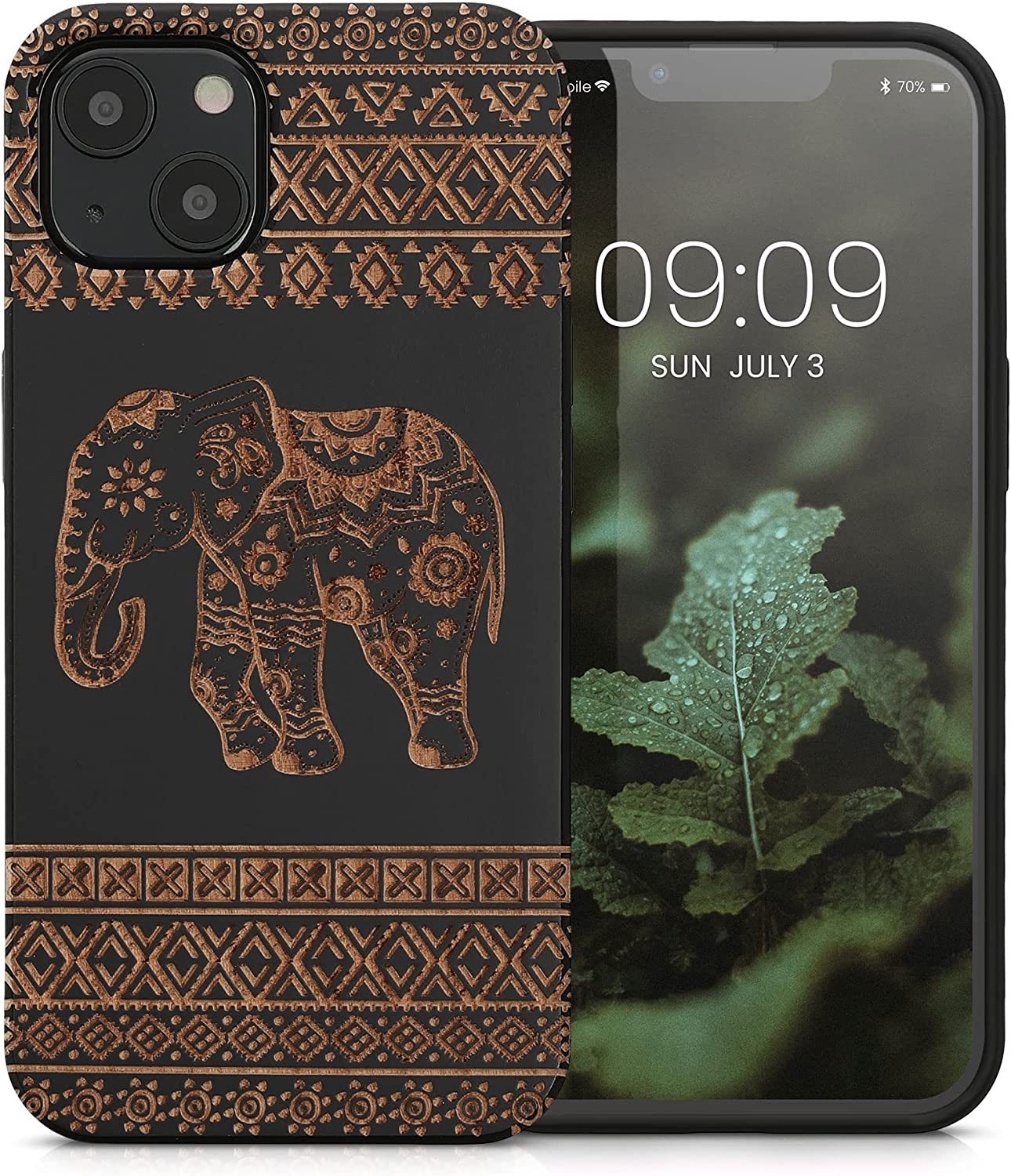 KW iPhone 13 Θήκη από Φυσικό Ξύλο - Design Wood Elephant With Pattern - Light Brown / Black - 55953.11