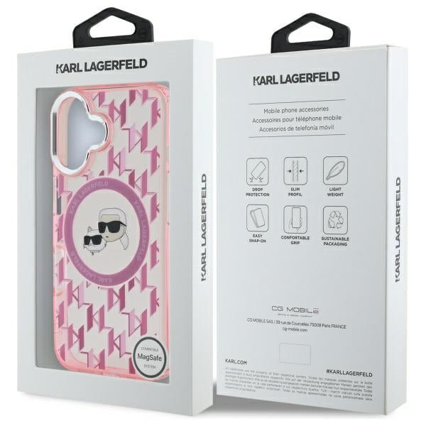 Karl Lagerfeld iPhone 16 - IML Monogram Karl and Choupette Head - MagSafe Σκληρή Θήκη με Πλαίσιο Σιλικόνης - Pink - KLHMP16SHMCKMHP