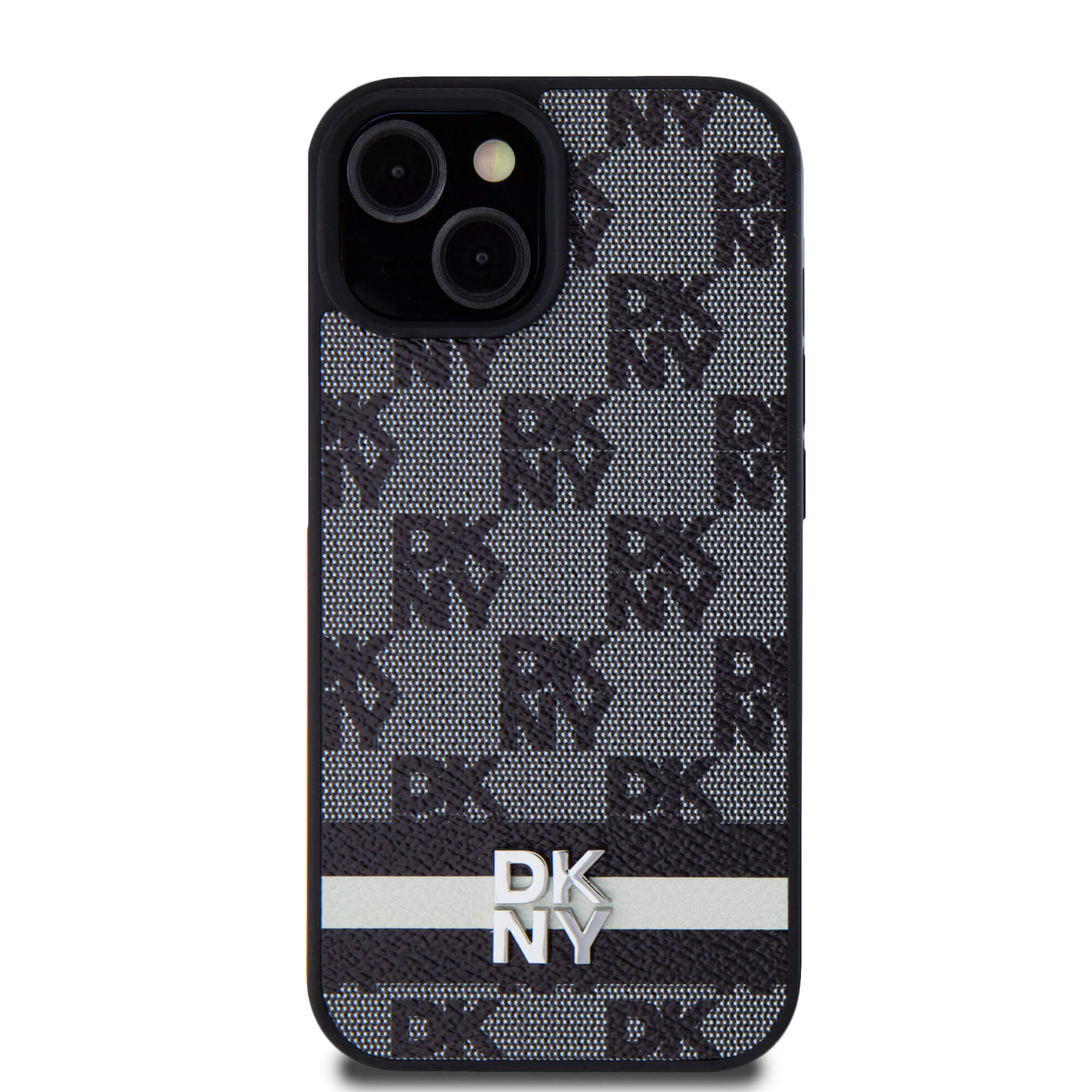 DKNY iPhone 15 / 14 / 13 - Leather Checkered Mono Pattern and Printed Stripes - Σκληρή Θήκη με Επένδυση Συνθετικού Δέρματος - Black