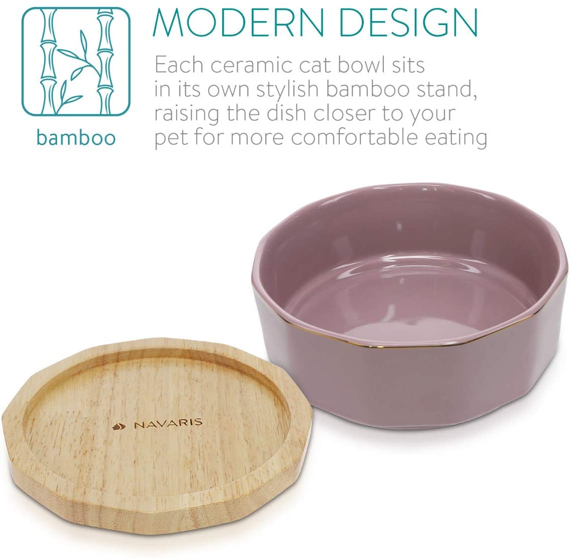 Navaris Ceramic Dog Bowls with Wood Underlay - Σετ με 2 Μπολ Φαγητού και Νερού με Βάση από Ξύλο Βελανιδιάς και Κεραμικό για Κατοικίδια - Violett - 50946.02