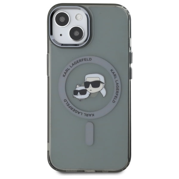 Karl Lagerfeld iPhone 15 - IML Metal Karl and Choupette Head - Σκληρή Θήκη με Πλαίσιο Σιλικόνης και MagSafe - Black - KLHMP15SHLSKCK