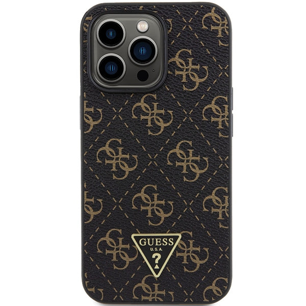 Guess iPhone 15 Pro Max - 4G Triangle Metal Logo Σκληρή Θήκη με Επένδυση Συνθετικού Δέρματος και Πλαίσιο Σιλικόνης - Black - GUHCP15XPG4GPK