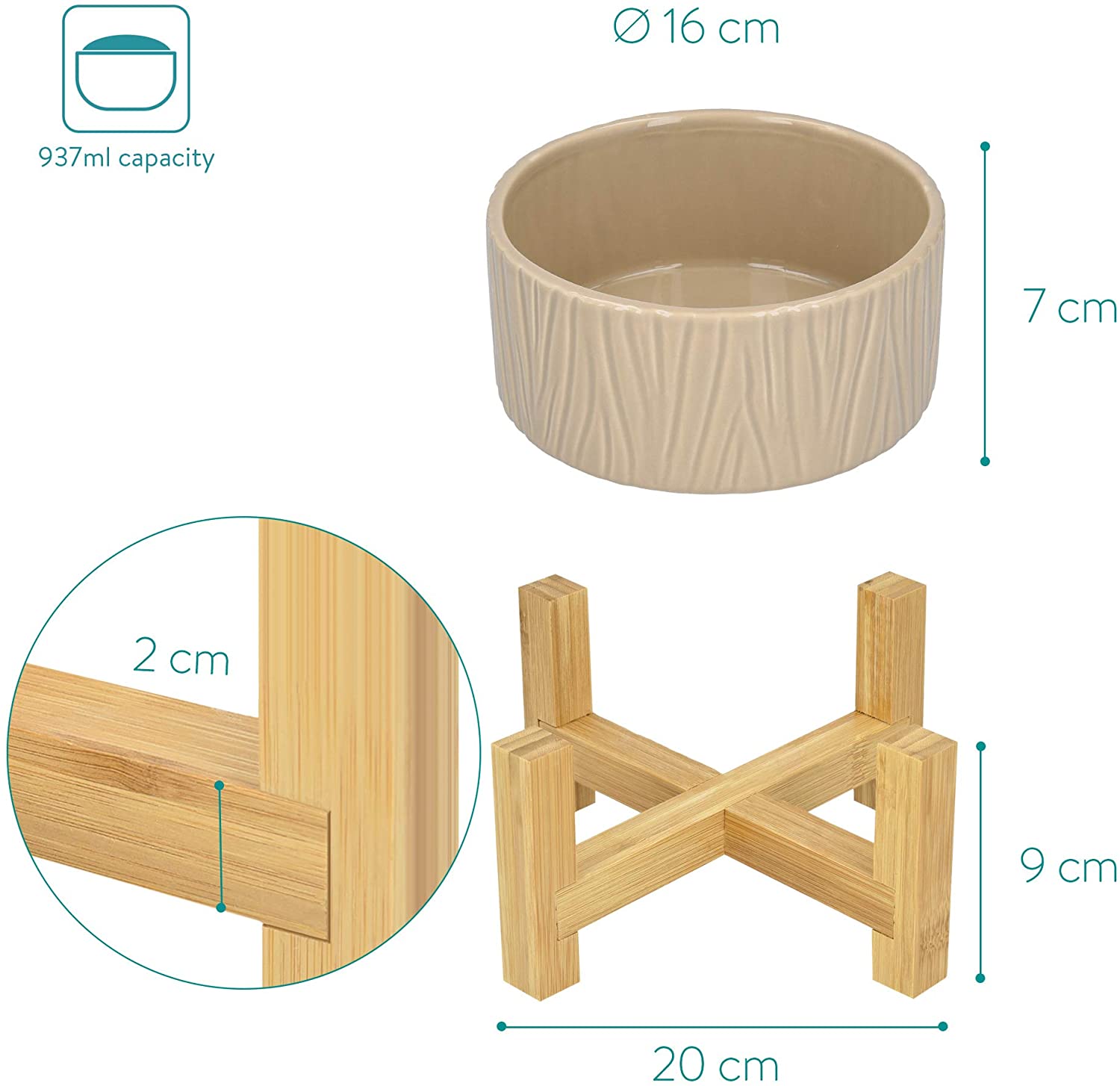 Navaris Cat Bowls with Wood Stands - Σετ με 2 Μπολ Φαγητού και Νερού 937 ml με Βάση από Μπαμπού για Κατοικίδια - Beige - 52177.43.2