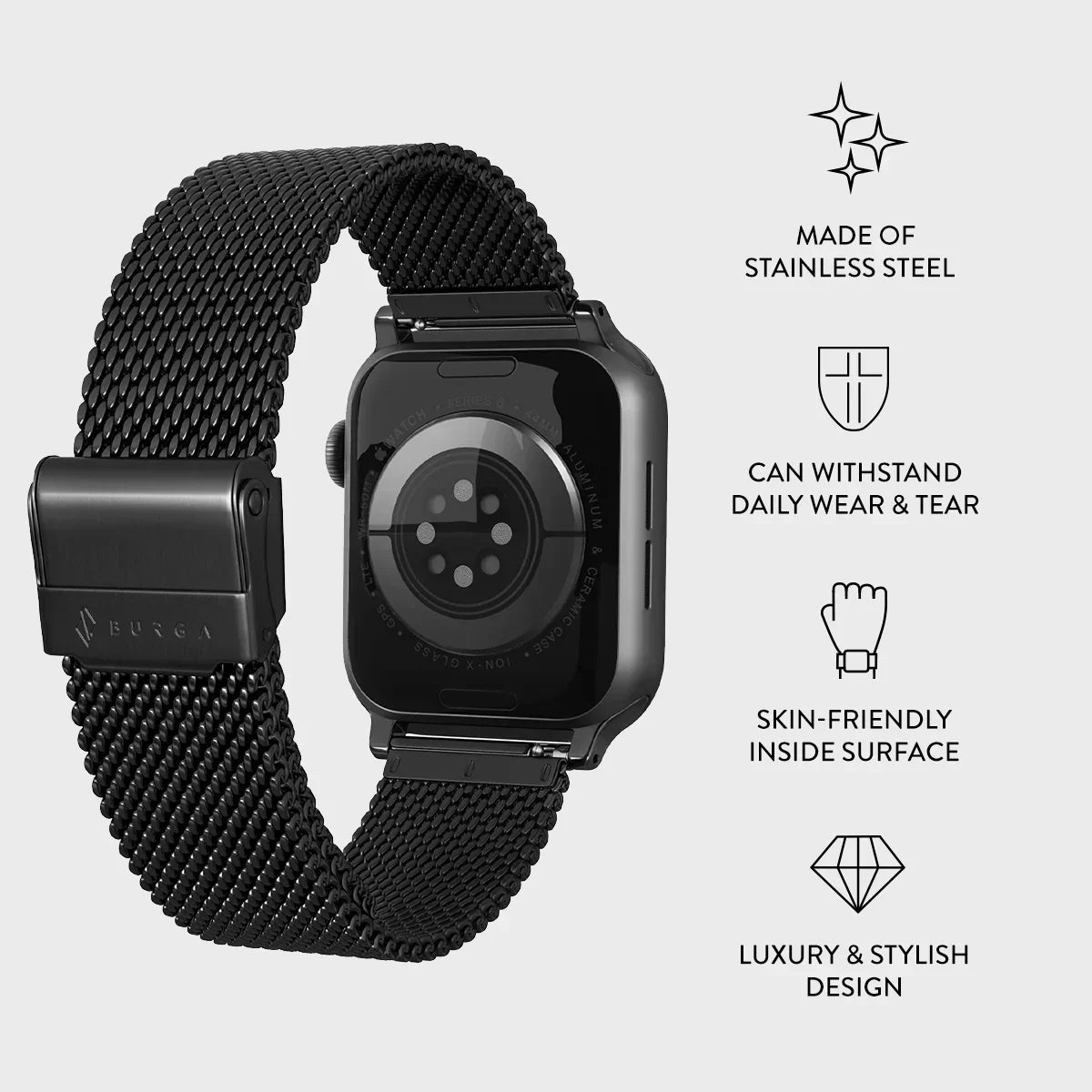 Burga Λουράκι Apple Watch 4/5/6/7/8/9/10/11 - SE (1/2/3) – 40/41/42mm - Mesh Elegance - Black - likebrands.gr
