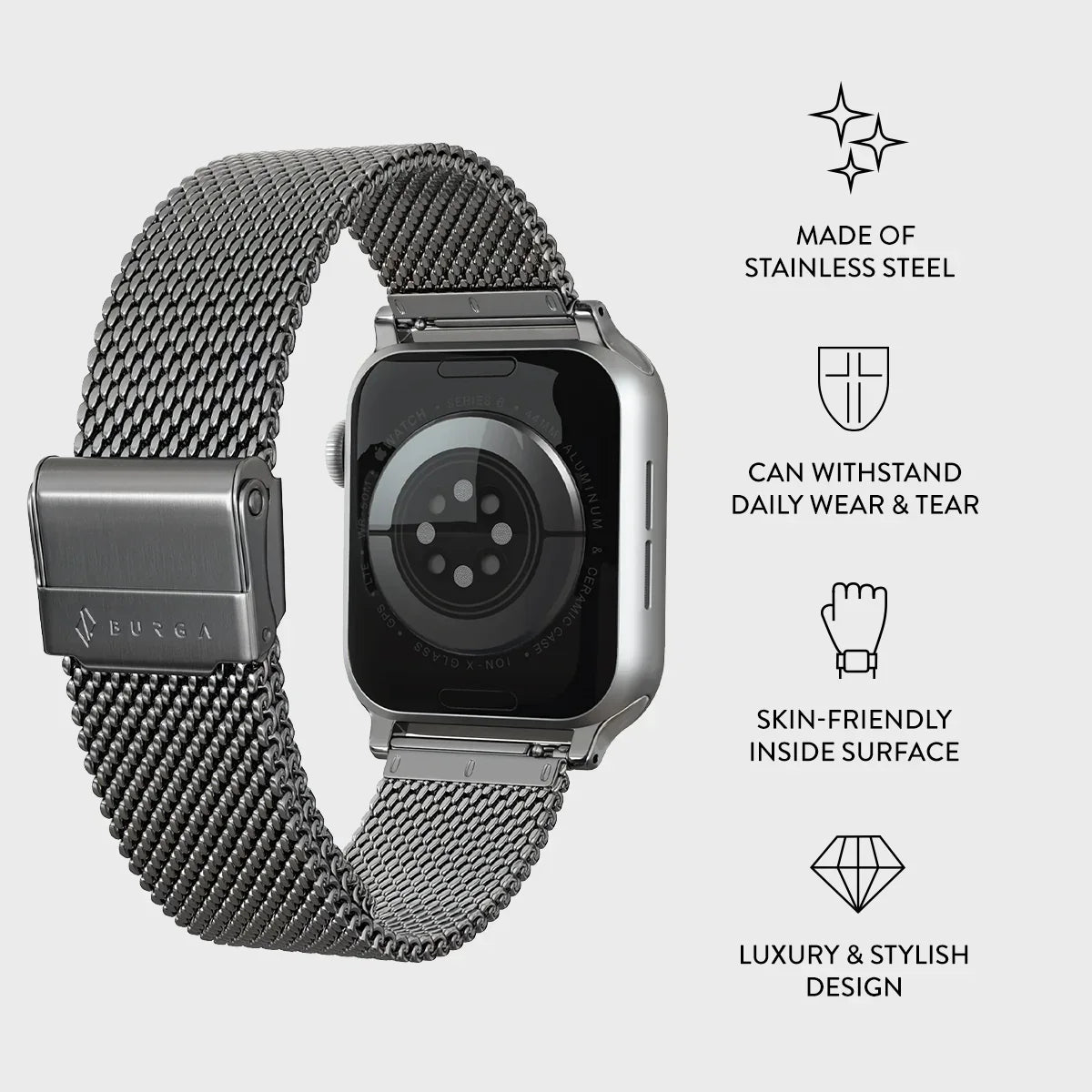 Burga Λουράκι Apple Watch 4/5/6/7/8/9/10/11 - SE (1/2/3) – 40/41/42mm - Mesh Elegance - Silver - likebrands.gr