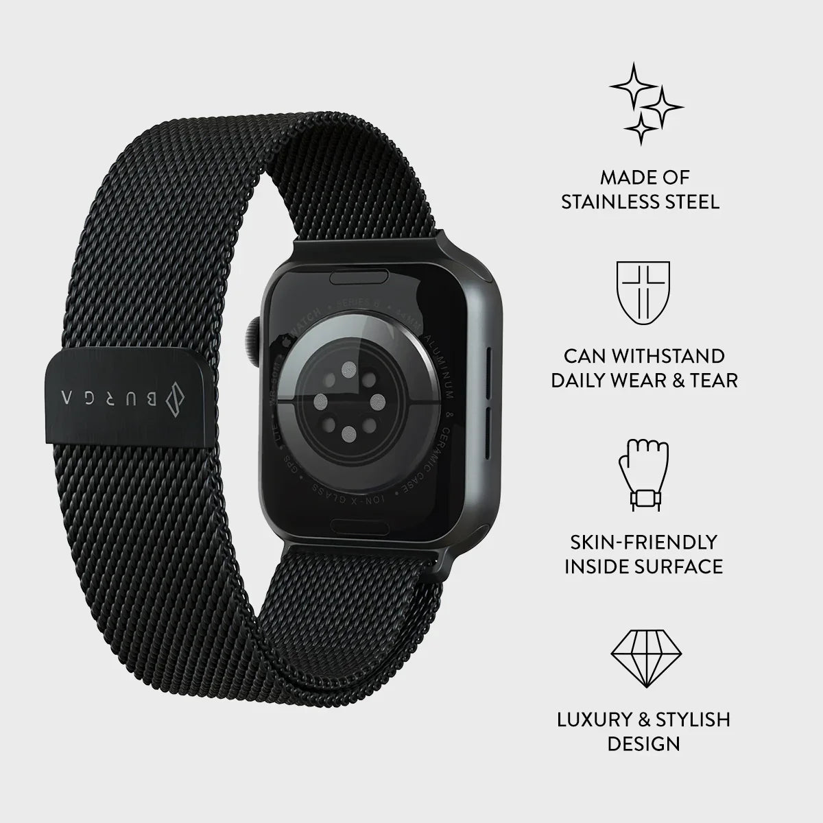 Burga Λουράκι Apple Watch 4/5/6/7/8/9/10/11 - SE (1/2/3) – 40/41/42mm - Metal Mesh - Black - likebrands.gr