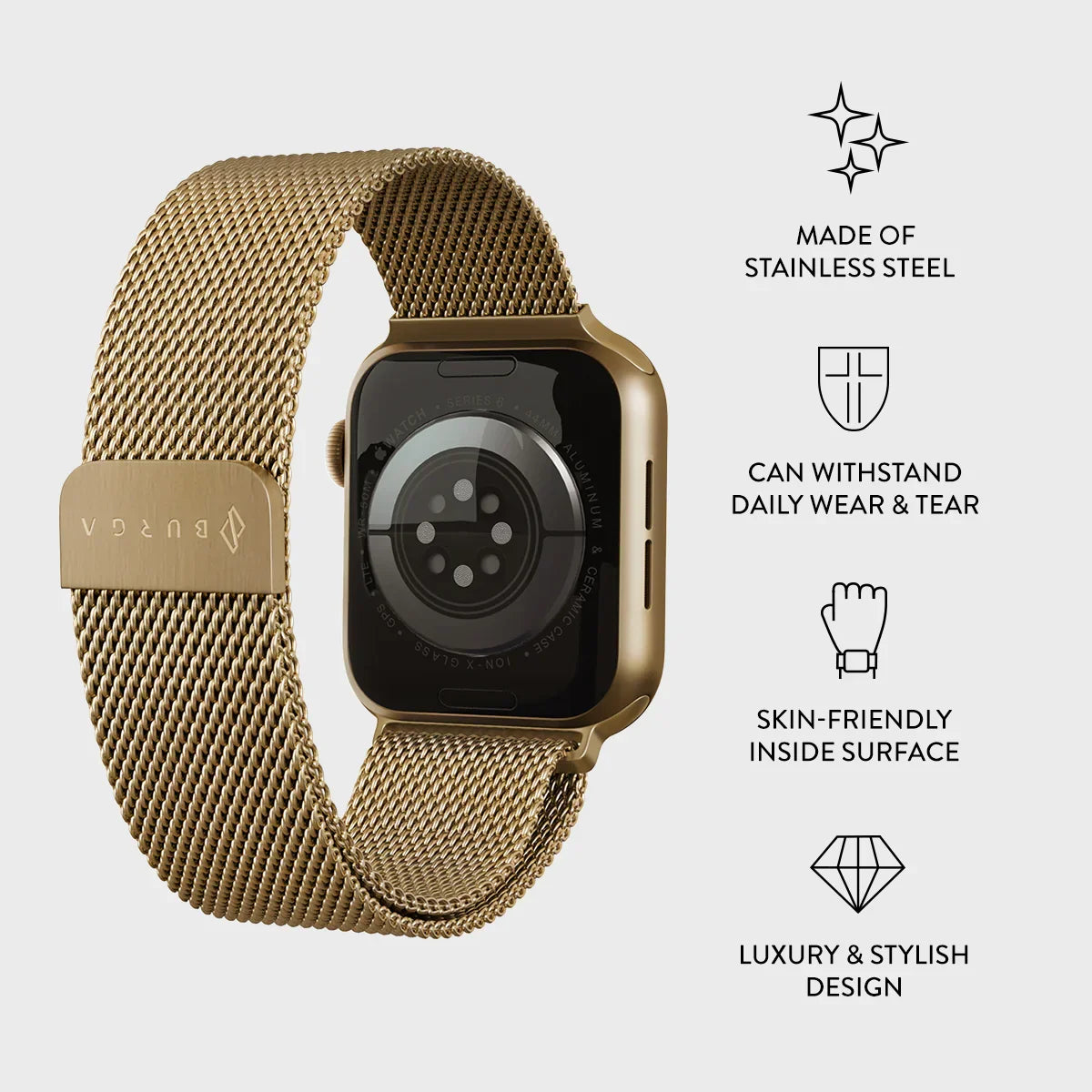 Burga Λουράκι Apple Watch 4/5/6/7/8/9/10/11 - SE (1/2/3) – 40/41/42mm - Metal Mesh - Gold - likebrands.gr