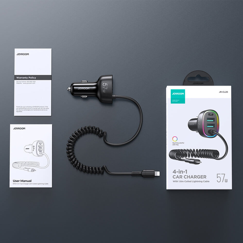 Joyroom JR-CL20 4in1 Fast Car Charger 57W Φορτιστής Αυτοκινήτου με 2 Θύρες USB, 1 Θύρα Type-C και Καλώδιο Lightning 1.6m - Black