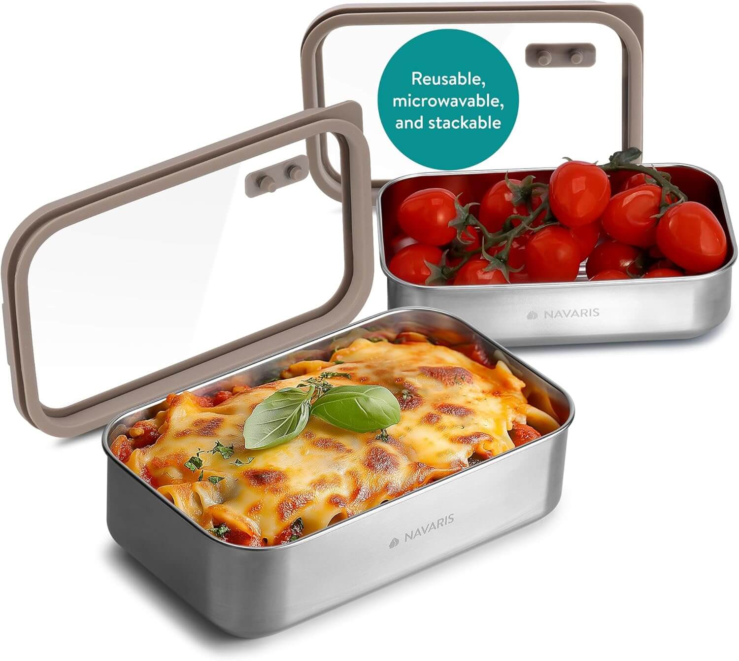 Navaris Σετ με 2 Δοχεία Αποθήκευσης Φαγητού από Ανοξείδωτο Ατσάλι - Silver / Brown