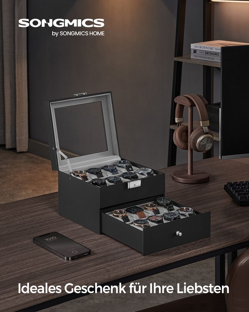 Songmics Κουτί Αποθήκευσης 2 Επιπέδων για 16 Ρολόγια - Black / Green Grey - JWB016G01