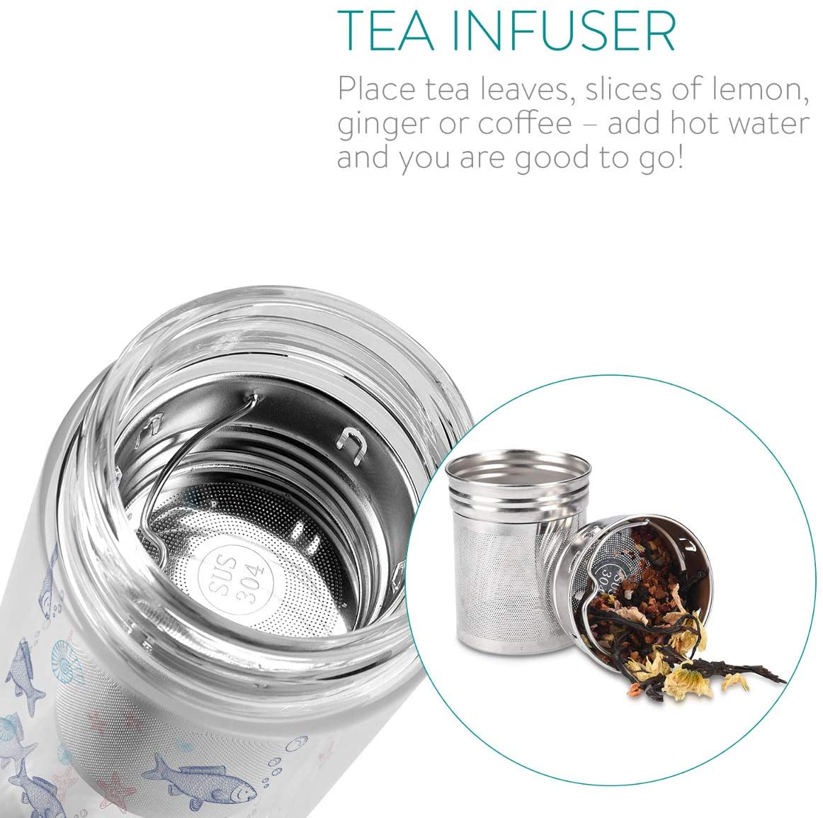 Navaris Γυάλινο Μπουκάλι Τσαγιού με Θήκη μεταφοράς - 500ml - Design Fish - Clear - 45888.2.06