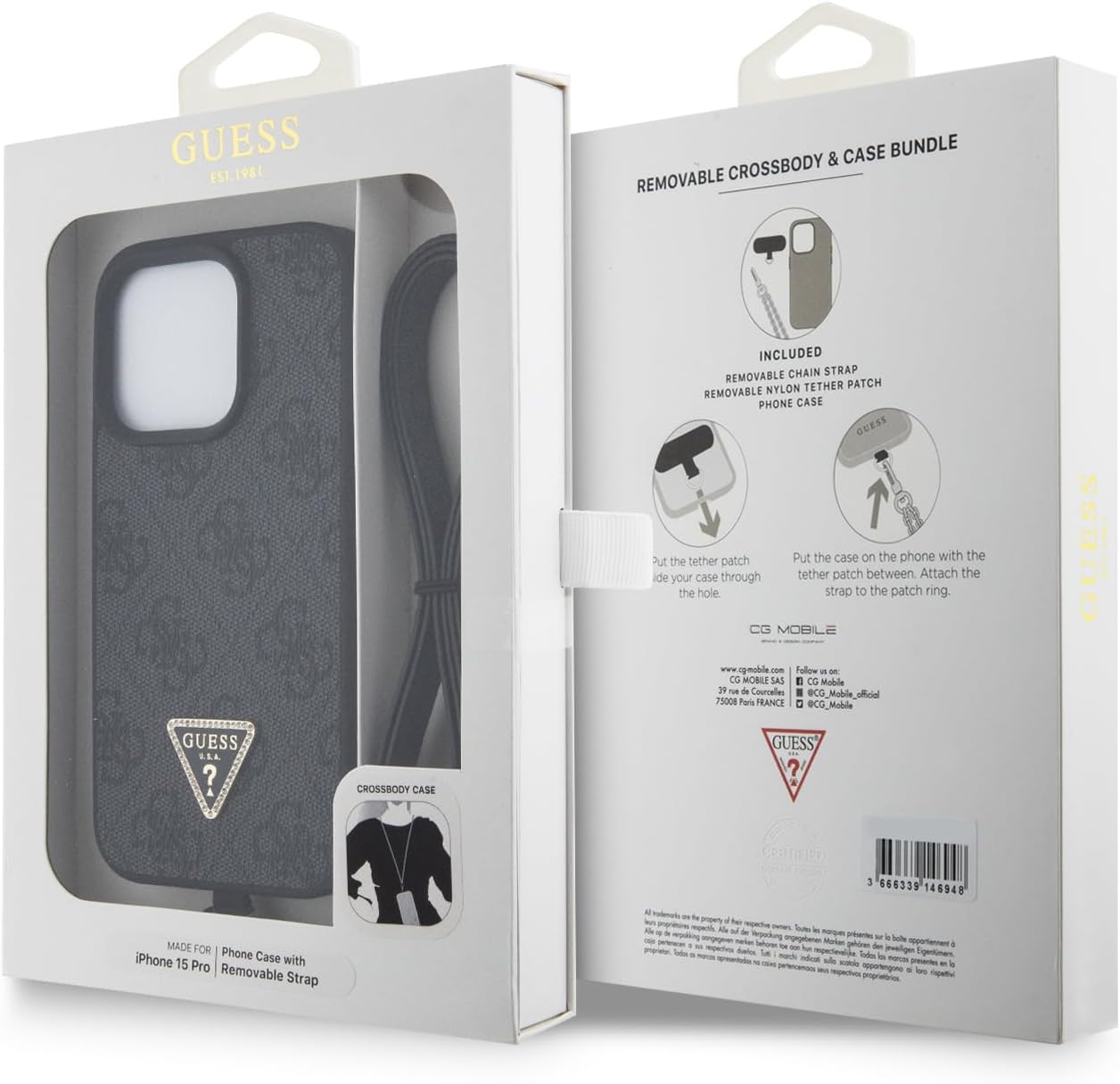 Guess iPhone 15 Pro - Crossbody 4G Metal Logo Θήκη με Επένδυση Συνθετικού Δέρματος και Λουράκι - Black - GUHCP15LP4TDSCPK