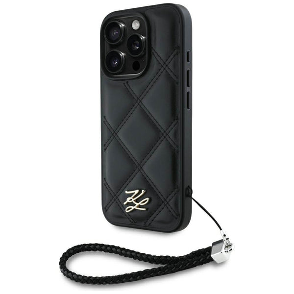 Karl Lagerfeld iPhone 16 Pro - Quilted Initial Logo and Chain Strap - Θήκη με Επένδυση Συνθετικού Δέρματος και Λουράκι - Black - KLHCP16LPSQSKLSMSK - likebrands.gr