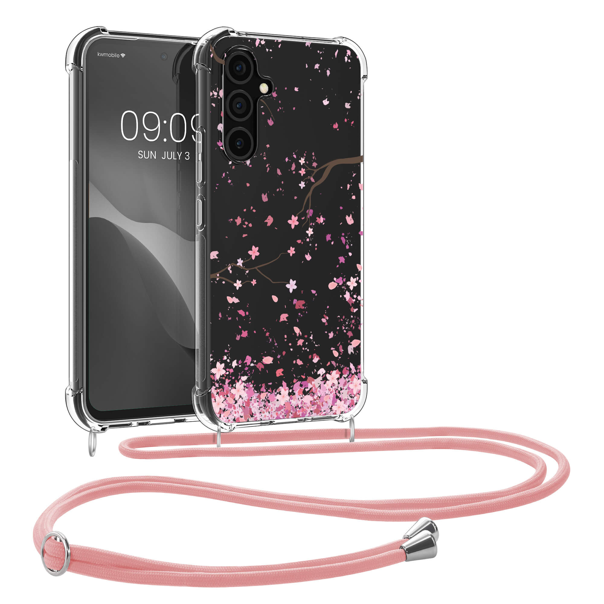 KW Samsung Galaxy A54 5G Θήκη Σιλικόνης TPU με Λουράκι Design Cherry Blossoms - Pink / Dark Brown - Διάφανη - 61334.02