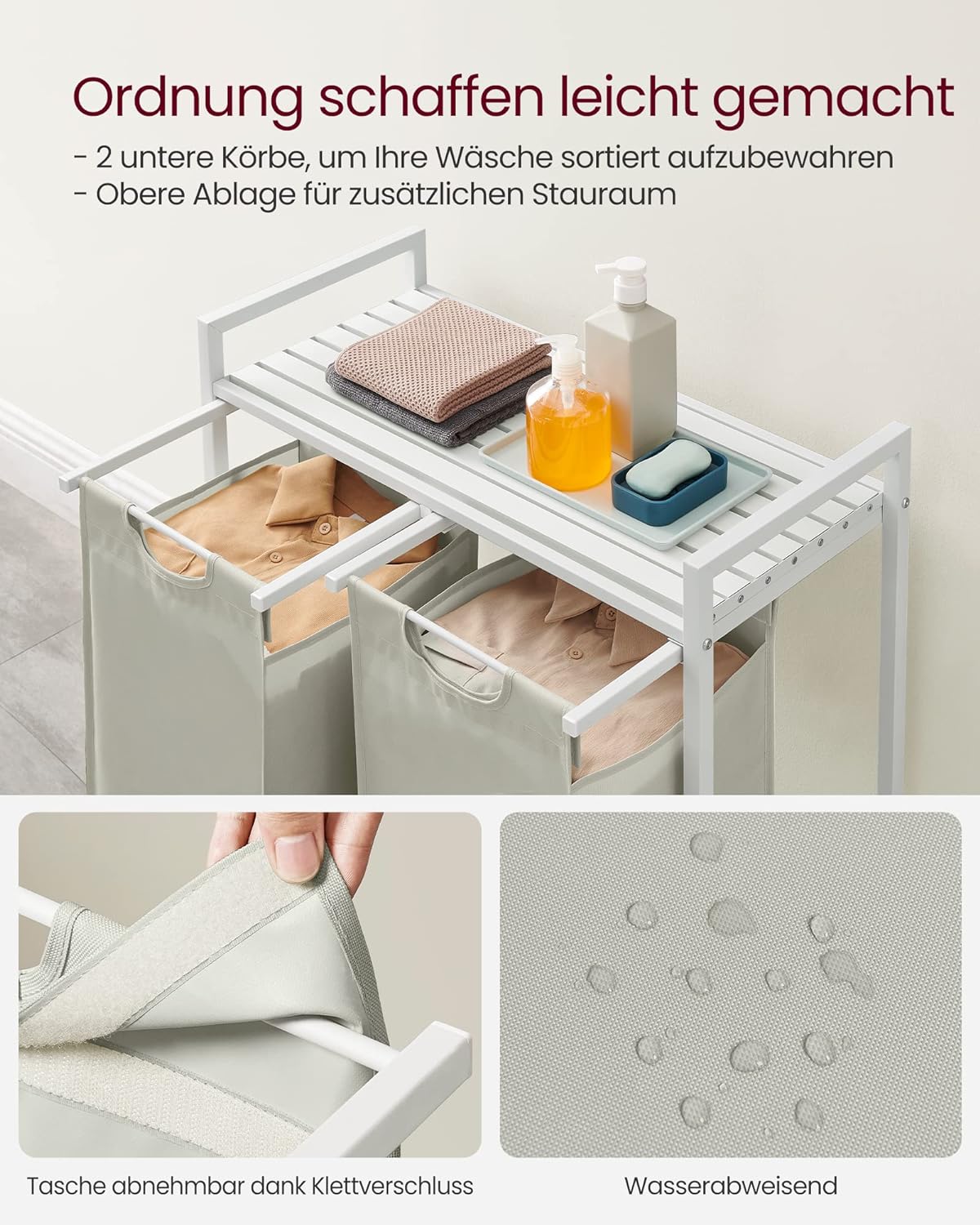 Vasagle Καλάθι Απλύτων με 2 Διαμερίσματα και Ράφι - 92L - White - BLH201W01