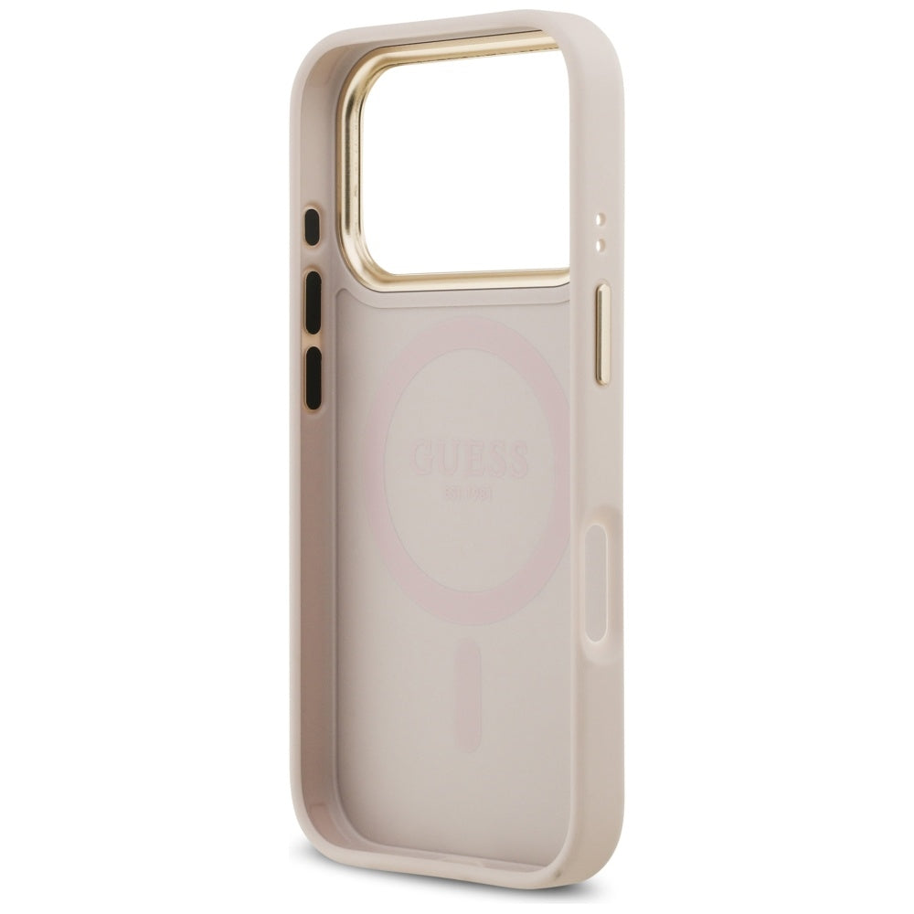 Guess iPhone 17 Pro - Peony Hot Stamp MagSafe - Σκληρή Θήκη με Επένδυση Συνθετικού Δέρματος - Pink - GUHMP17LPSAMSECP