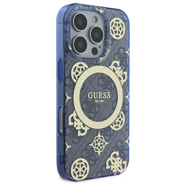 Guess iPhone 16 Pro Max - IML Peony On 4G Background - MagSafe Θήκη με Επένδυση Συνθετικού Δέρματος - Blue - GUHMP16XH4PYEEB