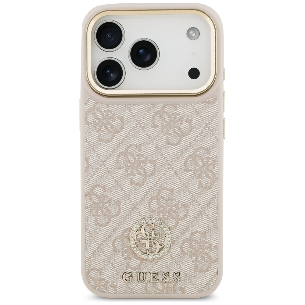 Guess iPhone 17 Pro - 4G Strass Logo and Big Strap Metal Buttons MagSafe - Θήκη με Επένδυση Συνθετικού Δέρματος και Λουράκι - Pink - GUHMP17LP4G4DCSP