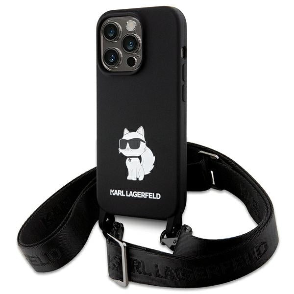 Karl Lagerfeld iPhone 15 Pro Crossbody Silicone Choupette Σκληρή Θήκη με Πλαίσιο Σιλικόνης και Λουράκι - Black - KLHCP15LSCBSCNK