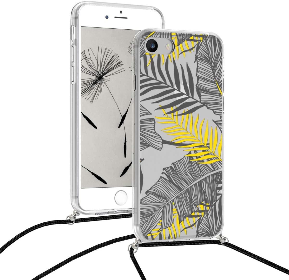 KW iPhone SE 2022 / SE 2020 / 7 / 8 Θήκη Σιλικόνης TPU με Λουράκι Design Palm Leaves - Διάφανη / Yellow / Grey - 48478.05