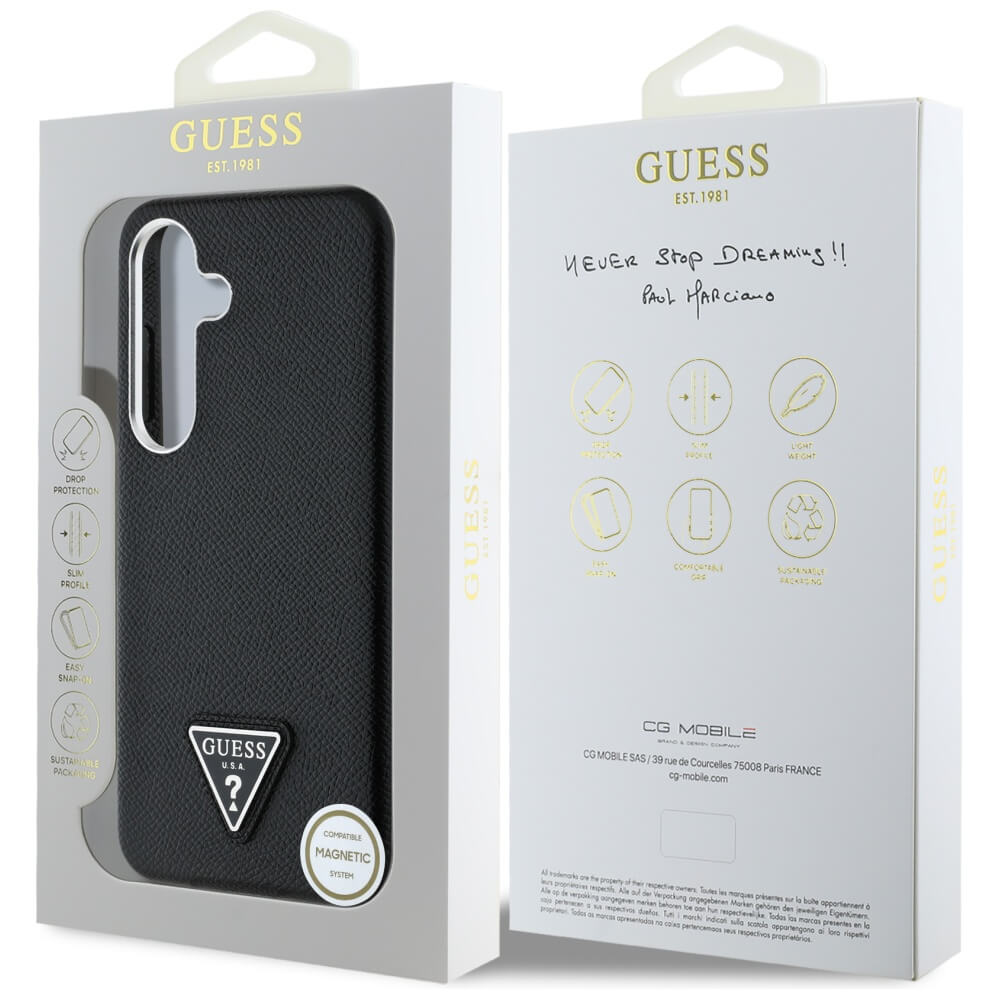 Guess Samsung Galaxy S25 - Grained Triangle Logo - MagSafe Σκληρή Θήκη με Πλαίσιο Σιλικόνης και Συνθετικό Δέρμα - Black - GUHMS25SPGTSPSK