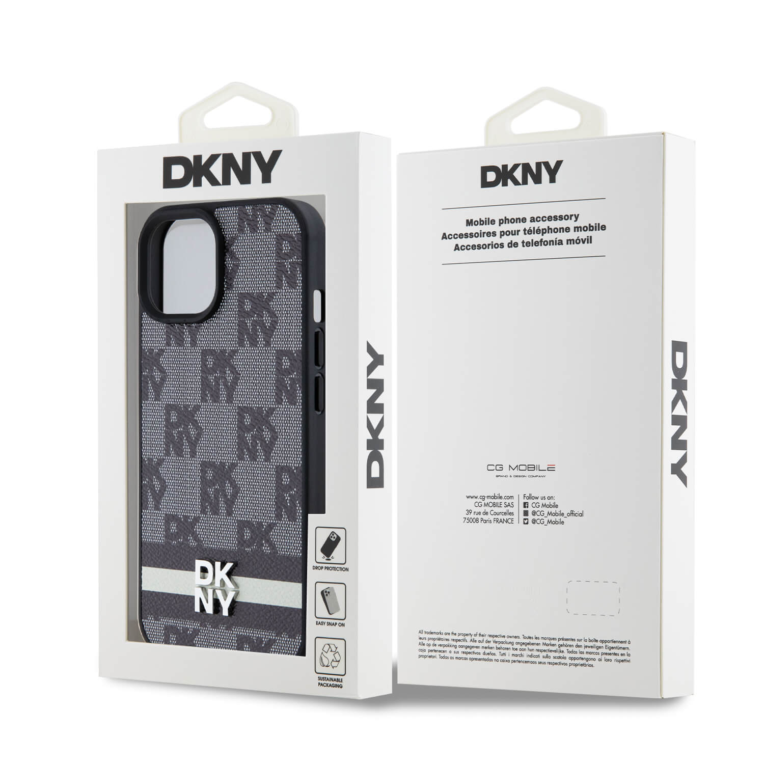 DKNY iPhone 15 / 14 / 13 - Leather Checkered Mono Pattern and Printed Stripes - Σκληρή Θήκη με Επένδυση Συνθετικού Δέρματος - Black