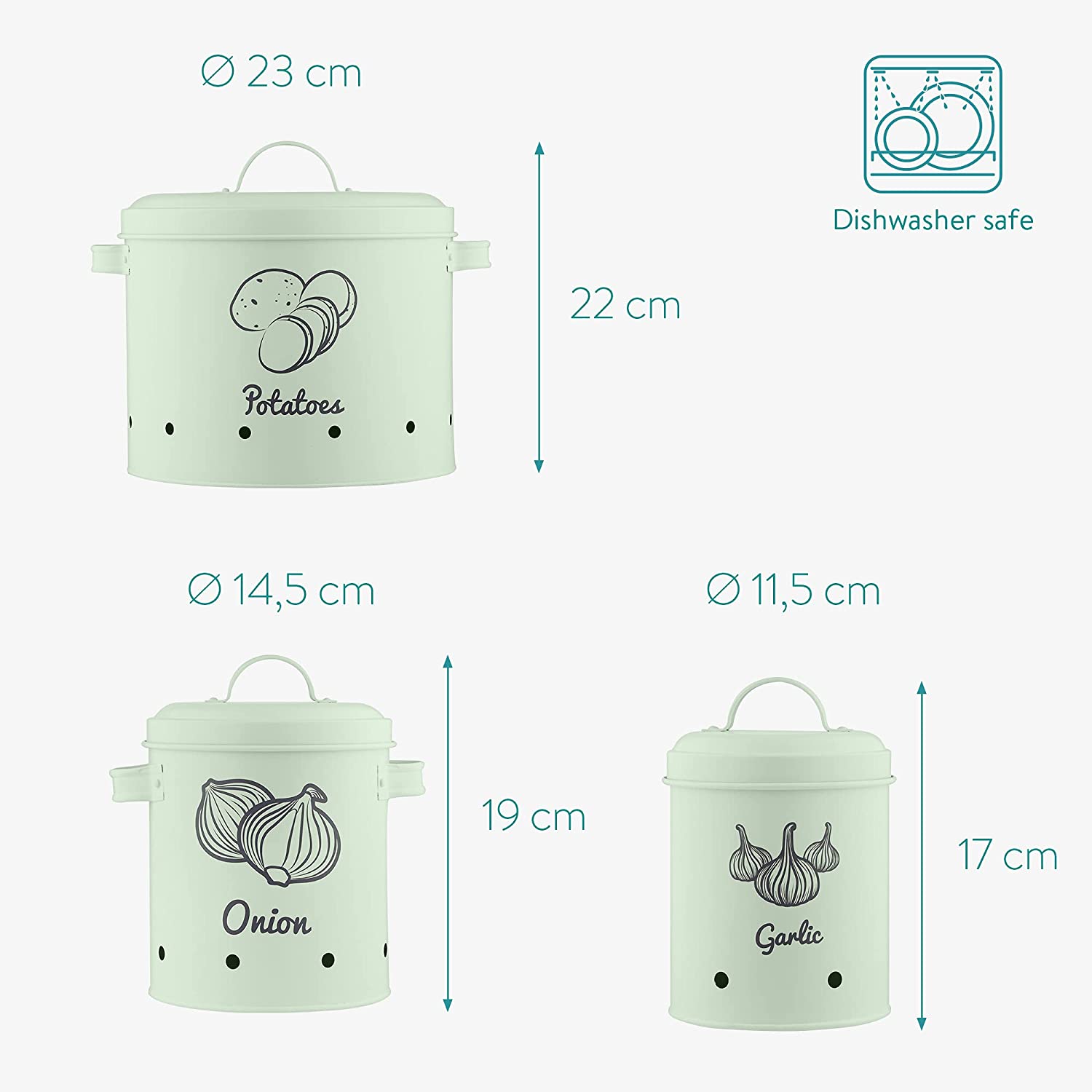 Navaris Σετ με 3 Σιδερένια Δοχεία Αποθήκευσης Λαχανικών - Mint Green - 51525.01.71