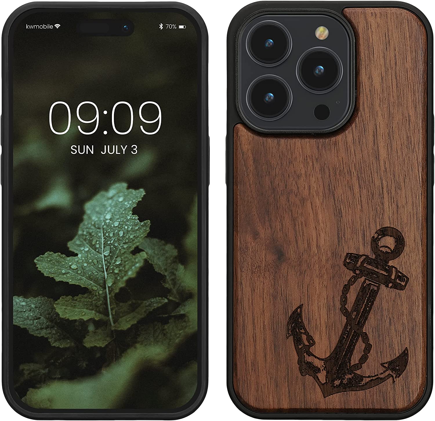 KW iPhone 14 Pro Θήκη από Φυσικό Ξύλο - Design Vintage Anchor - Dark Brown - 59126.04