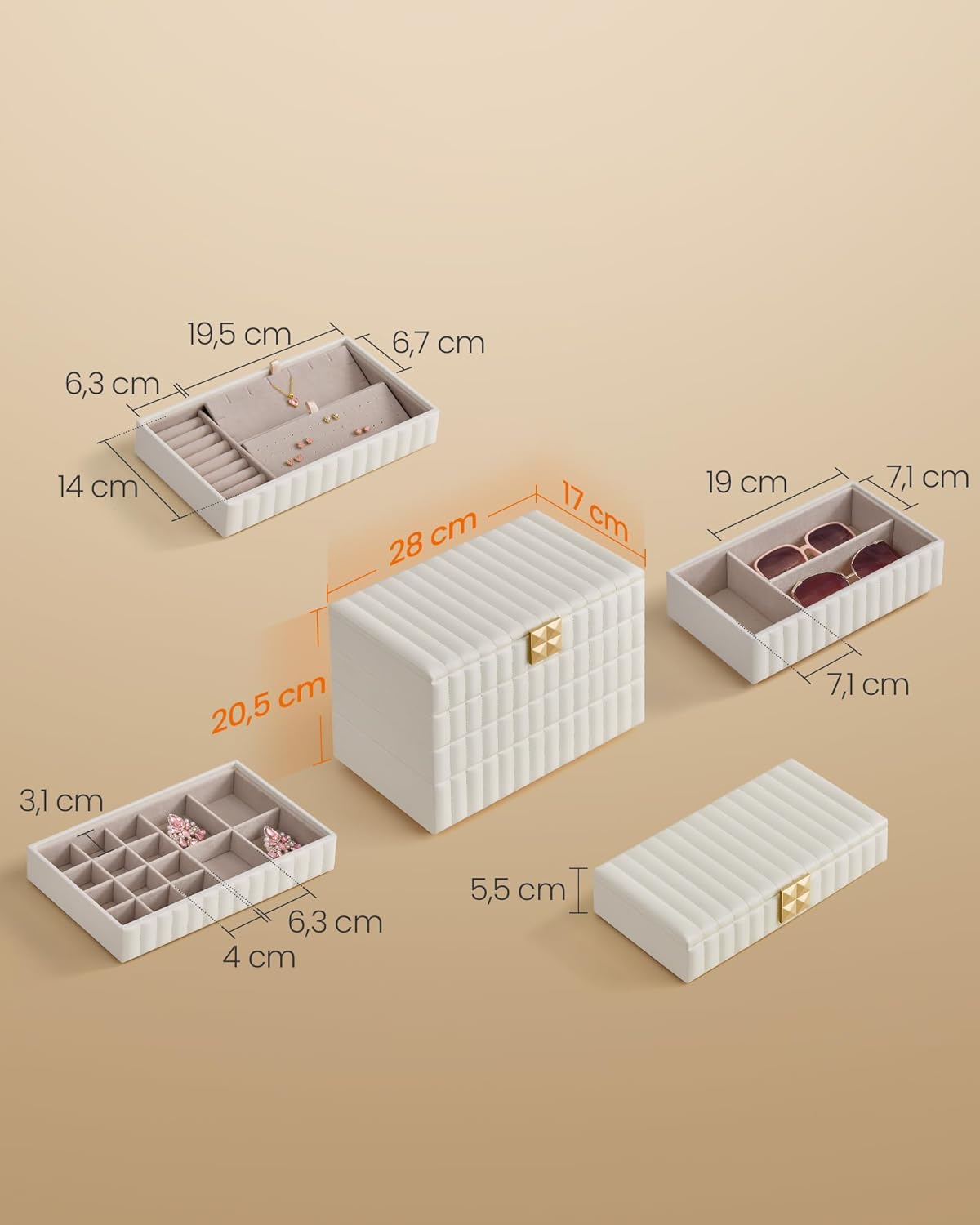 Songmics Κουτί Αποθήκευσης Κοσμημάτων με 4 Επίπεδα και Καθρέπτη - Cloud White - JBC181W01