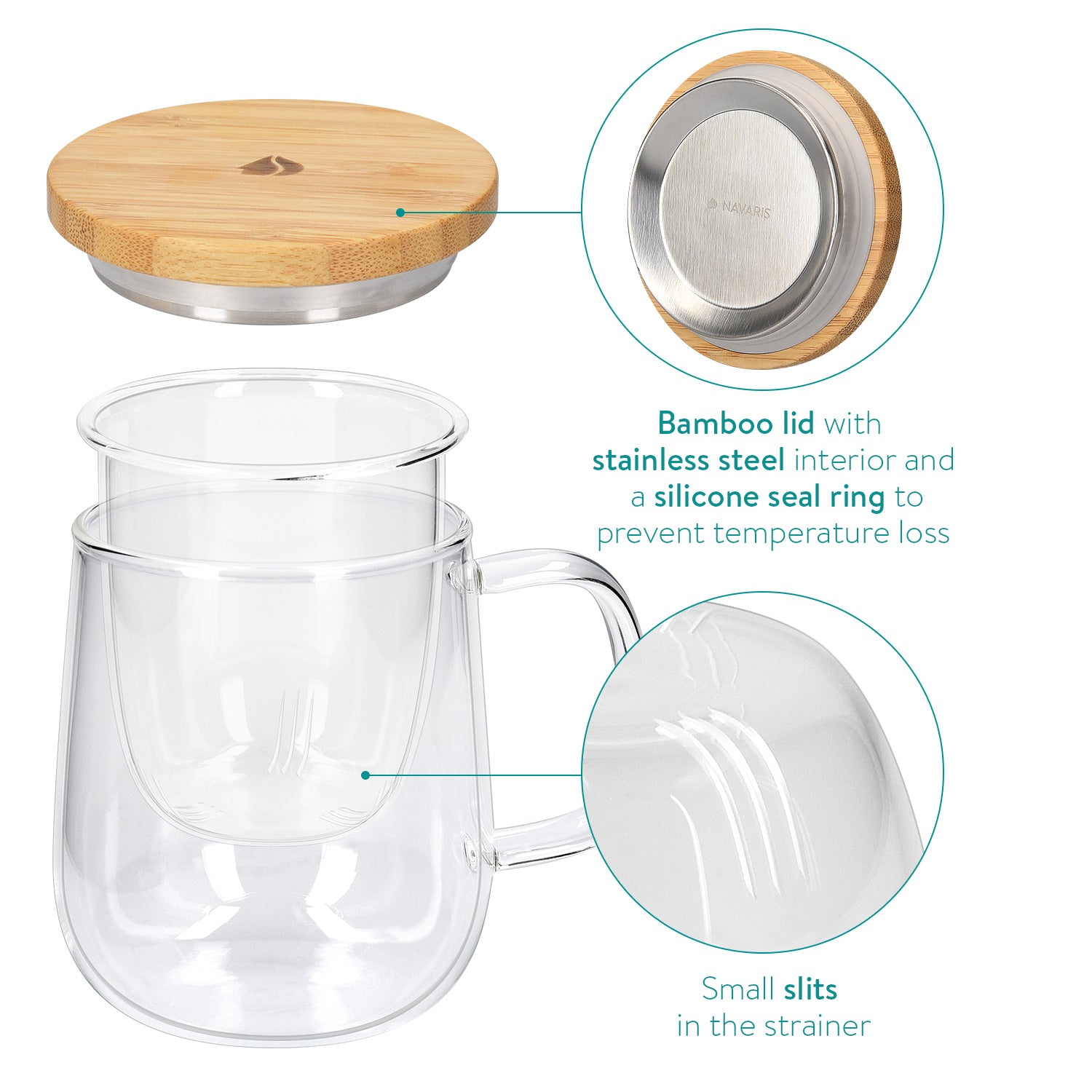 Navaris Tea Mug with Infuser and Bamboo Lid Κούπα για Τσάι με Καπάκι από Μπαμπού - 500ml - Clear - 50093.01