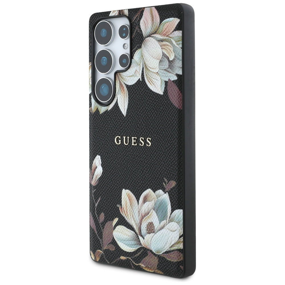 Guess Samsung Galaxy S25 Ultra - Grained Printed Flower Pattern - Θήκη με Επένδυση Συνθετικού Δέρματος και MagSafe - Black - GUHMS25LPGNMPLMK