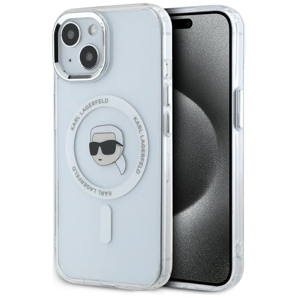 Karl Lagerfeld iPhone 15 Plus - IML Metal Karl Head - MagSafe Σκληρή Θήκη με Πλαίσιο Σιλικόνης - White - KLHMP15MHLSKIH - likebrands.gr
