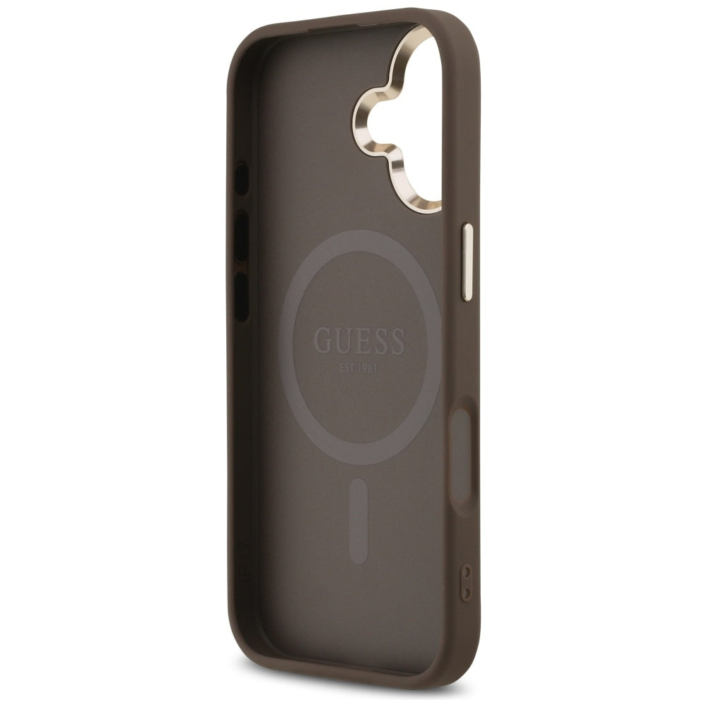 Guess iPhone 17 - 4G Triangle Strass Logo MagSafe - Σκληρή Θήκη με Επένδυση Συνθετικού Δέρματος - Brown / Gold - GUHMP17SP4GTDGMW