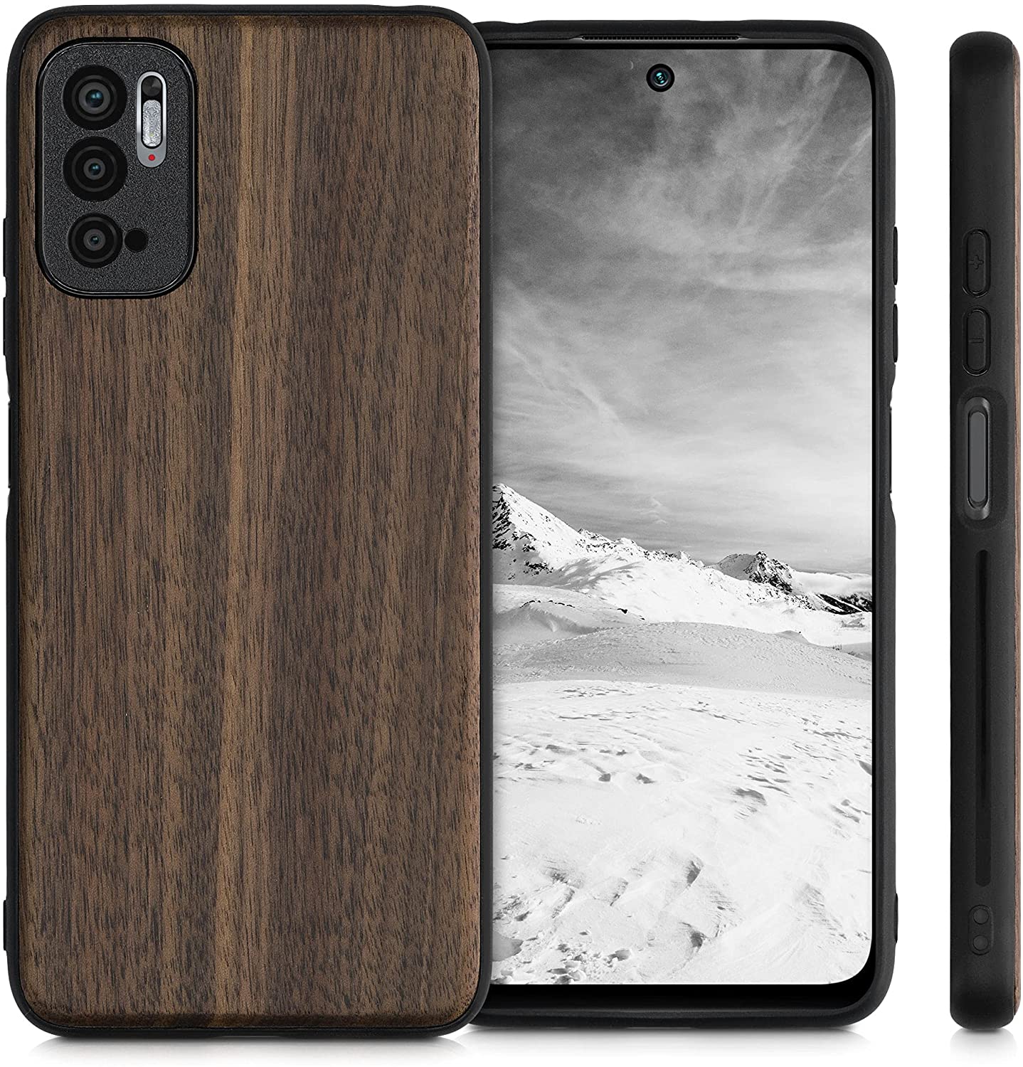 KW Xiaomi Redmi Note 10 5G / Poco M3 Pro 5G Θήκη από Φυσικό Ξύλο - Dark Brown / Black - 54952.18