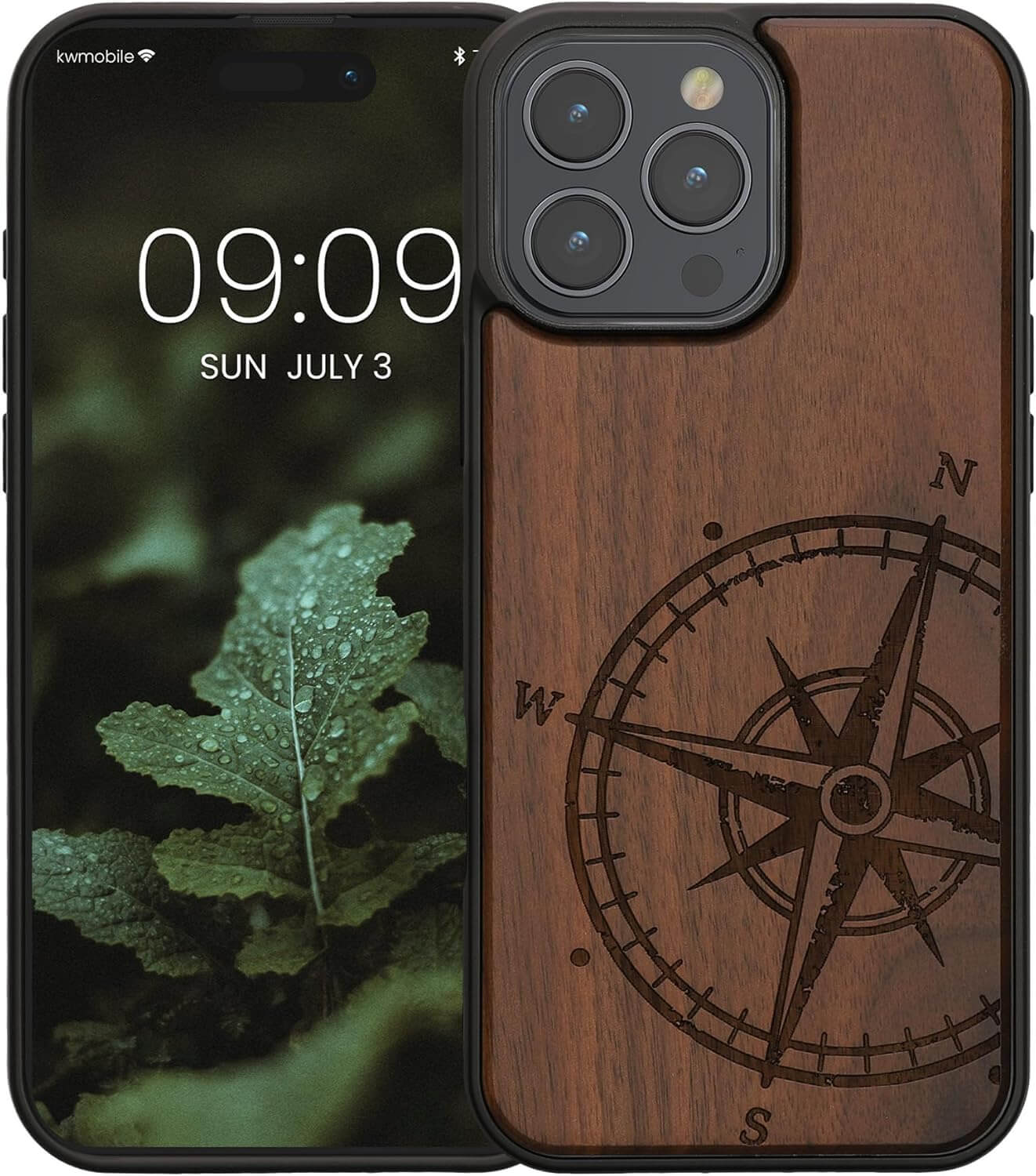 KW iPhone 16 Pro Max Θήκη από Φυσικό Ξύλο Design Navigational Compass - Dark Brown