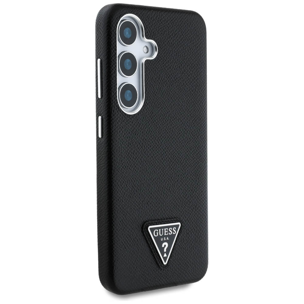 Guess Samsung Galaxy S25 - Grained Triangle Logo - MagSafe Σκληρή Θήκη με Πλαίσιο Σιλικόνης και Συνθετικό Δέρμα - Black - GUHMS25SPGTSPSK