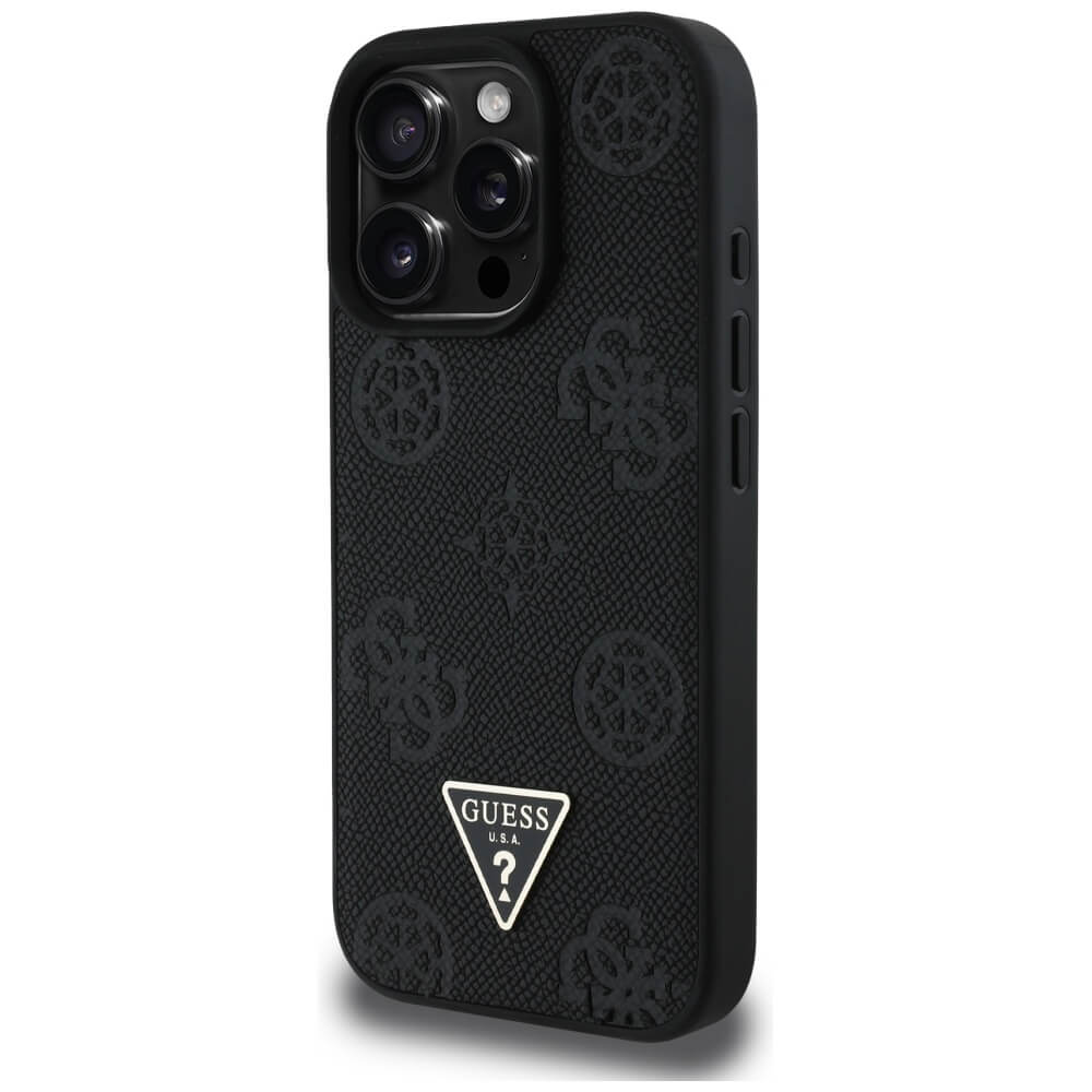 Guess iPhone 16 Pro - Grained Hot Stamp Peony Triangle Logo - MagSafe Σκληρή Θήκη με Επένδυση Συνθετικού Δέρματος - Black - GUHMP16LPGBTMK