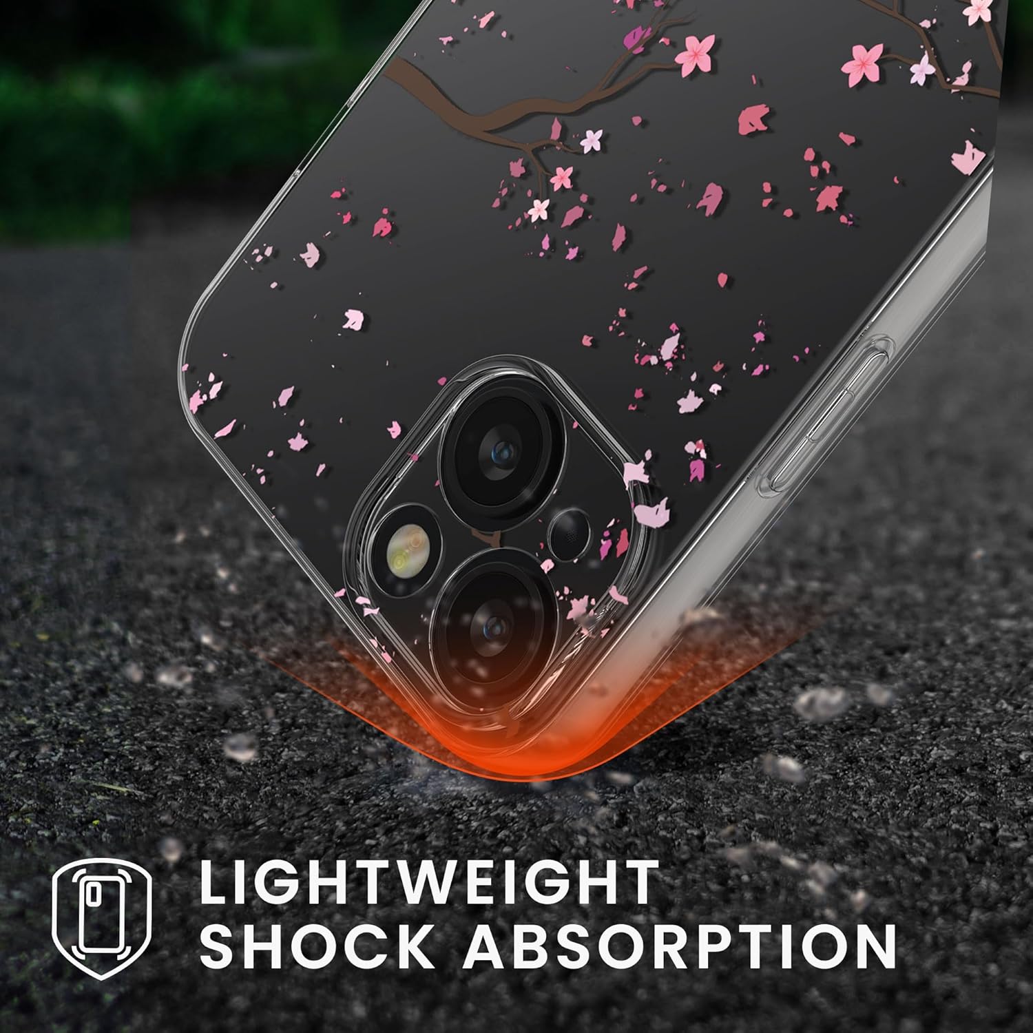 KW iPhone 15 Θήκη Σιλικόνης TPU με Αντιχαρακτικό Γυαλί - Design Cherry Blossom Petals - Pink / Dark Brown / Διάφανη