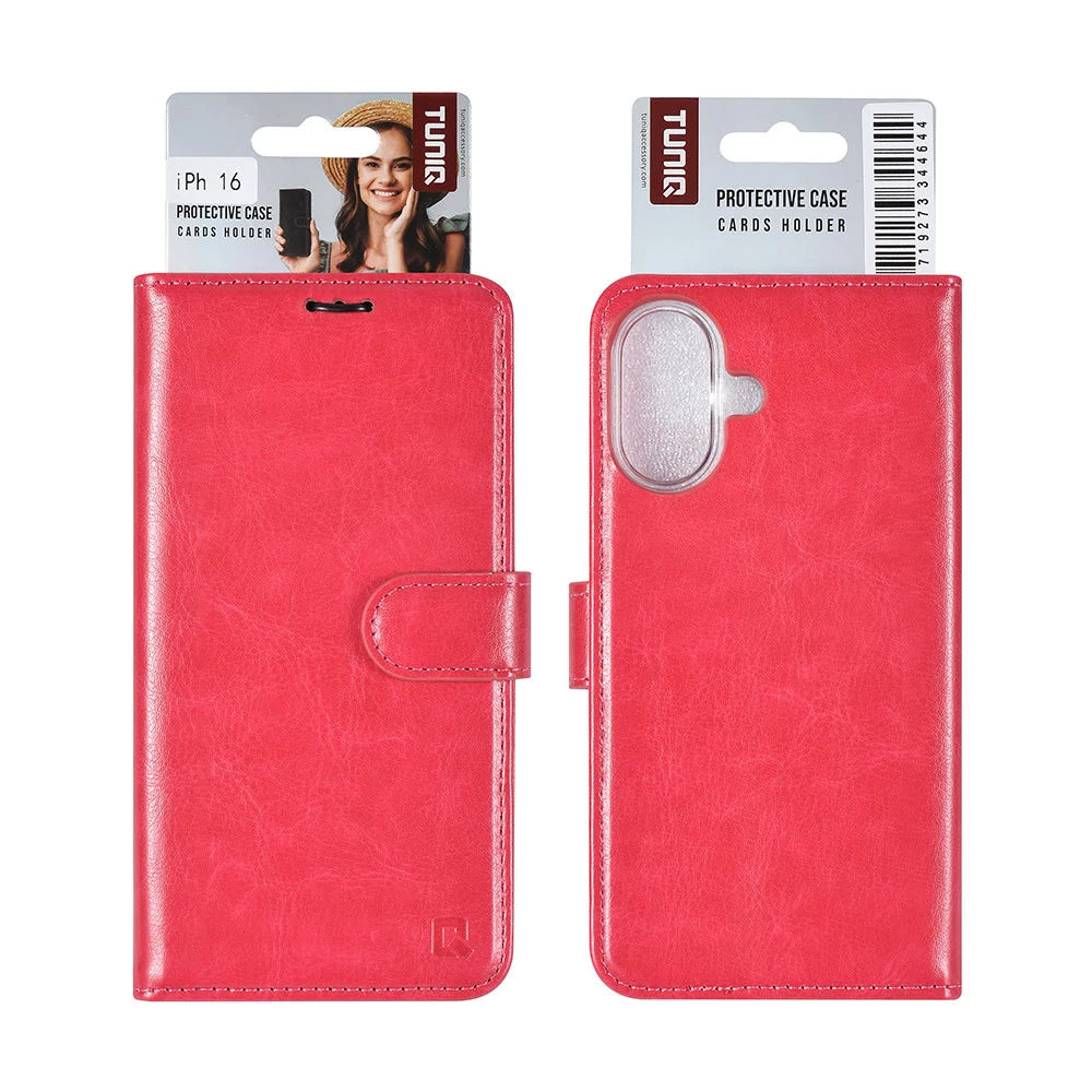 Tuniq iPhone 16 - Θήκη Πορτοφόλι Stand από Δερματίνη - Hot Pink