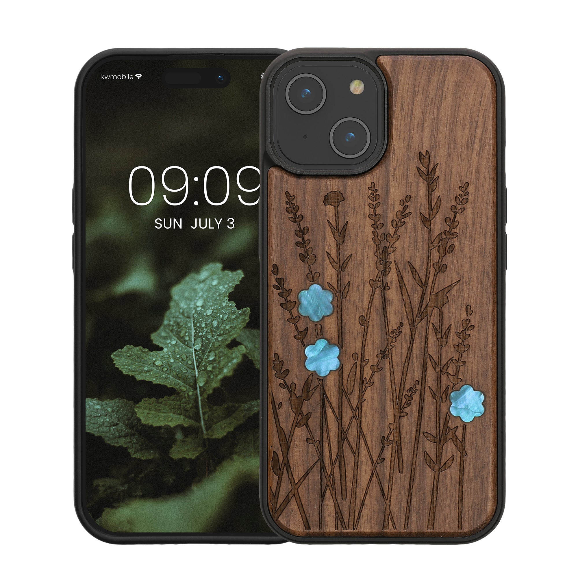 KW iPhone 15 Θήκη από Φυσικό Ξύλο - Design Wild Flowers Pearl - Dark Brown