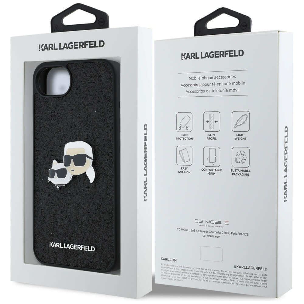 Karl Lagerfeld iPhone 16e - Fixed Glitter Karl and Choupette Heads Metal Pin - Σκληρή Θήκη με Πλαίσιο Σιλικόνης - Black - KLHCPSE4PFGKCPK