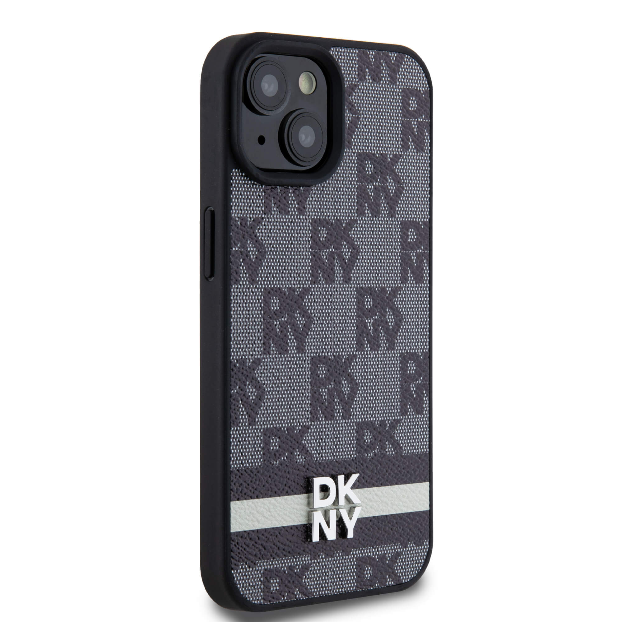 DKNY iPhone 15 / 14 / 13 - Leather Checkered Mono Pattern and Printed Stripes - Σκληρή Θήκη με Επένδυση Συνθετικού Δέρματος - Black