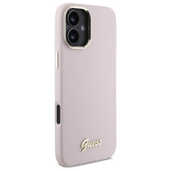 Guess iPhone 16 Plus - Silicone Script Metal Logo and Frame - Σκληρή Θήκη με Πλαίσιο Σιλικόνης - Pink - GUHCP16MSMBSLP