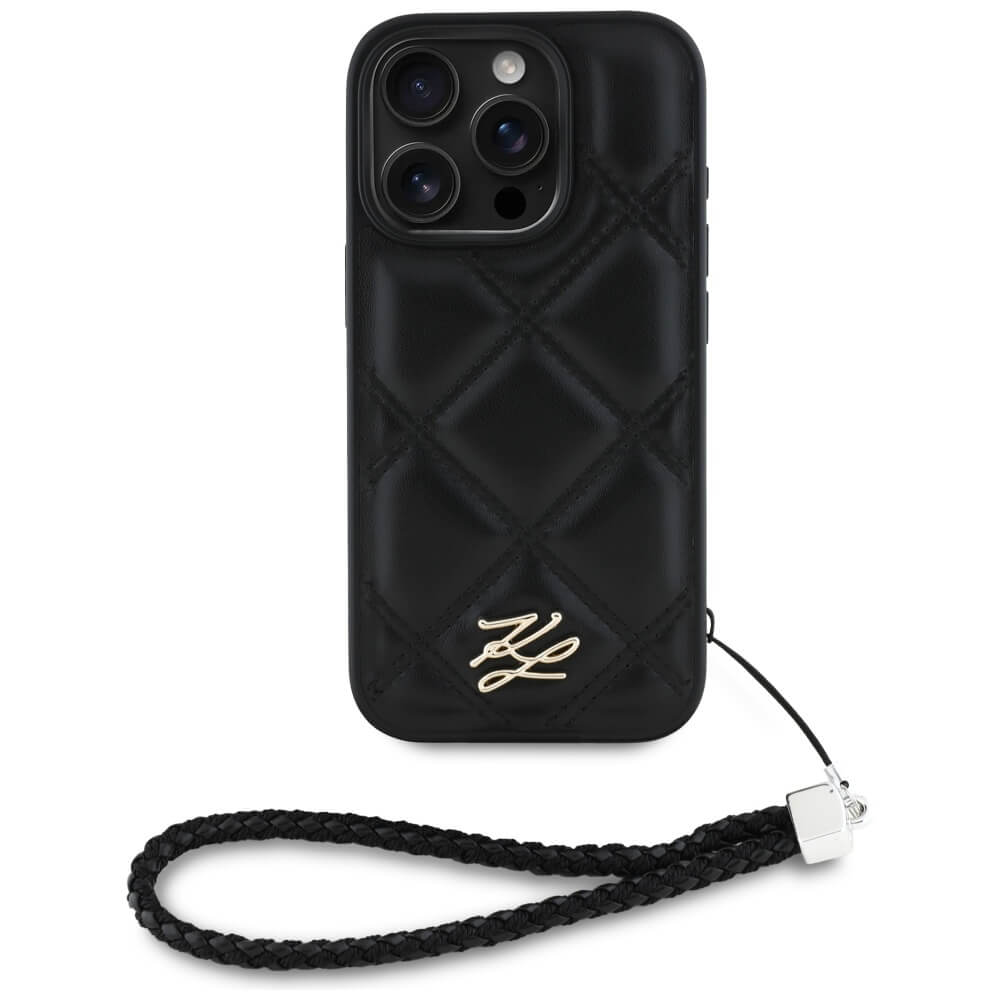 Karl Lagerfeld iPhone 16 Pro Max - Quilted Initial Logo and Chain Strap - Θήκη με Επένδυση Συνθετικού Δέρματος και Λουράκι - Black - KLHCP16XPSQSKLSMSK